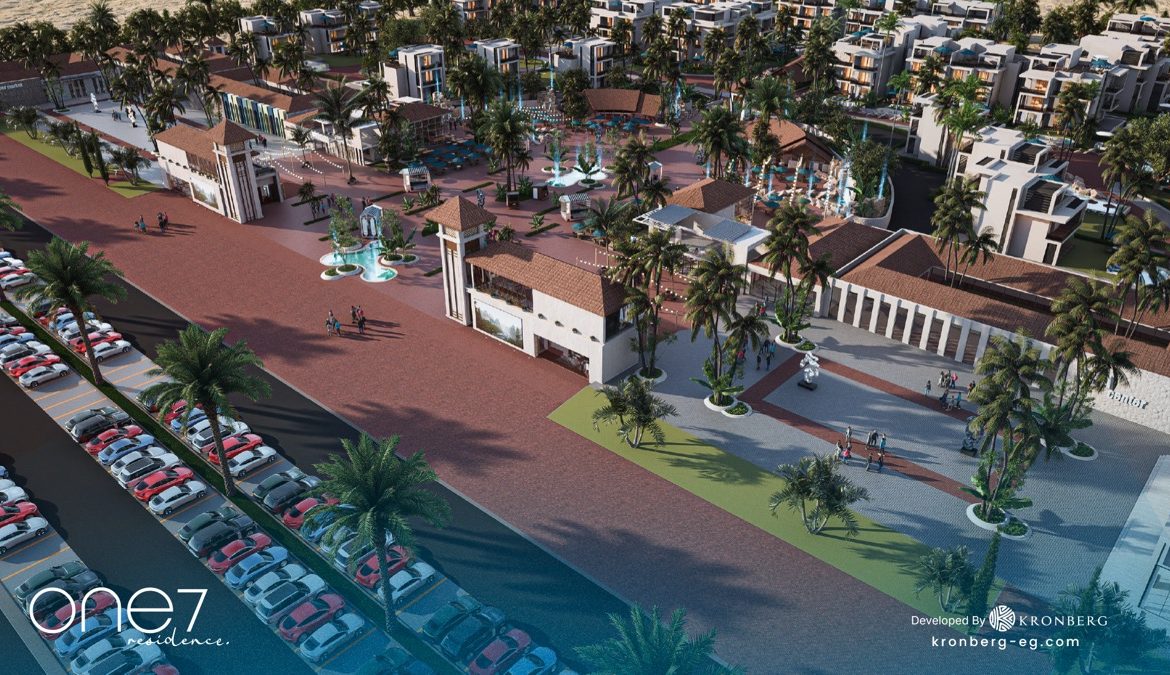One7 Hurghada – aerial view of the entrance road and central plaza, developer rendering