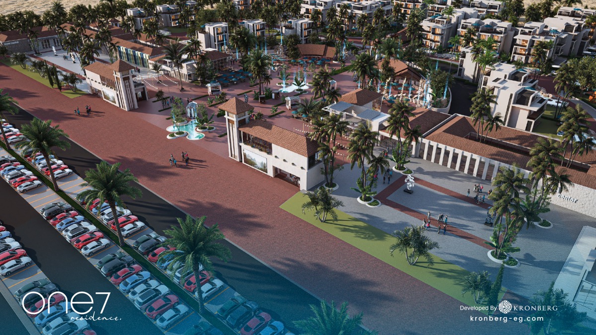 One7 Hurghada – aerial view of the entrance road and central plaza, developer rendering
