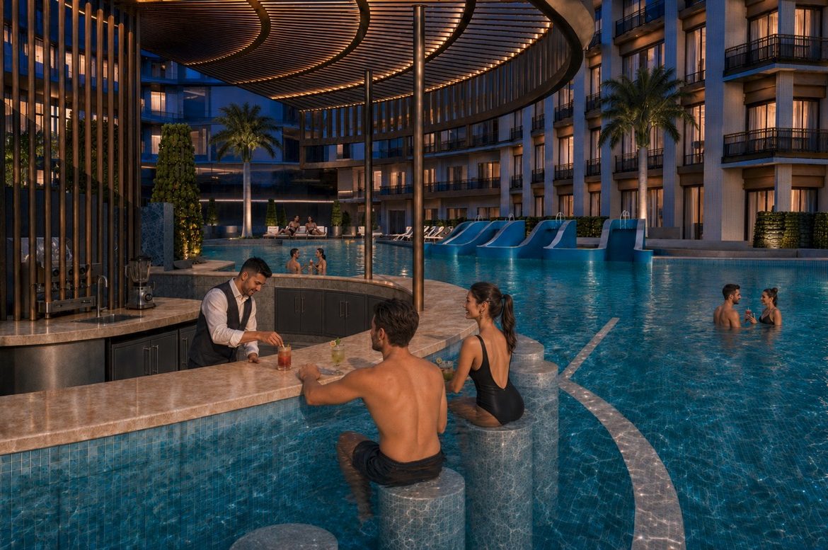 Marvento Resort Hurghada – swim-up bar and courtyard pool at night, developer render