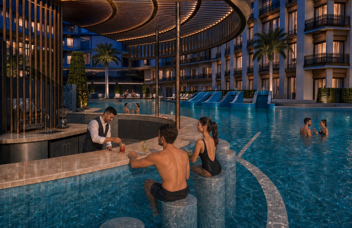Marvento Resort Hurghada – Swim-up bar and courtyard pool at night Marvento Resort Hurghada – swim-up bar and courtyard pool at night, developer render