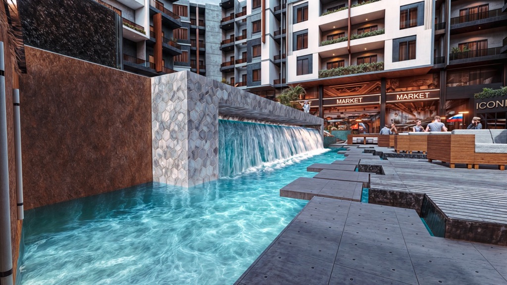 Iconic Resort Hurghada – waterfall edge and courtyard seating, developer render