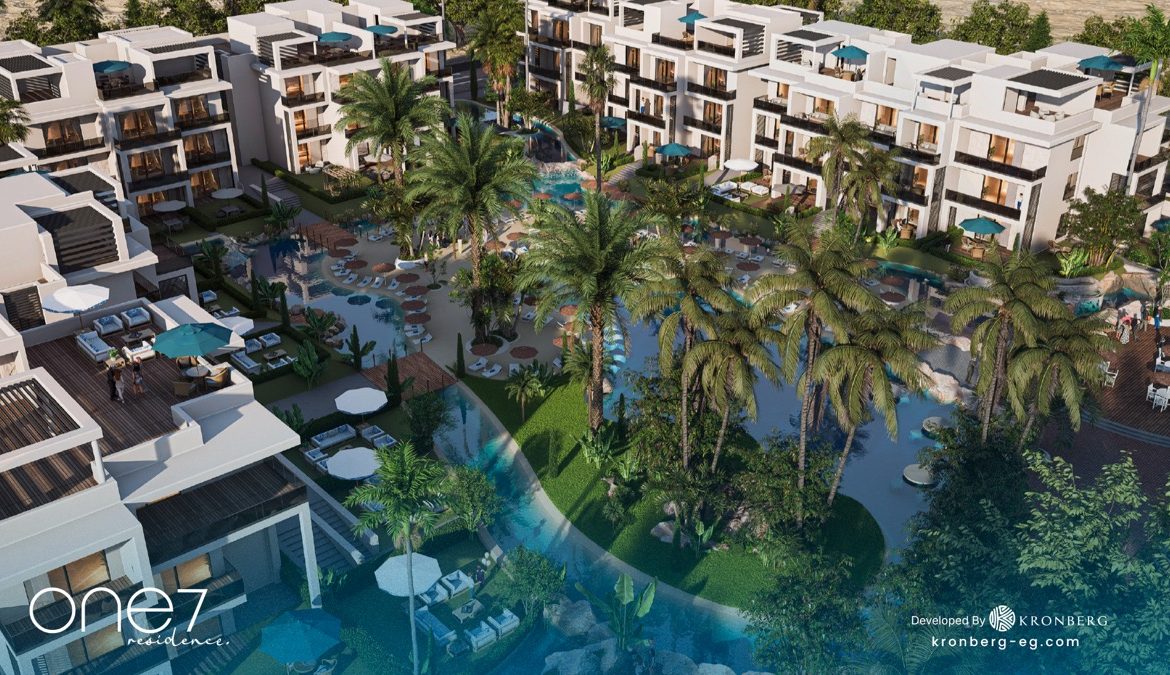 One7 apartments for sale – overhead view of palm islands and waterside apartments, developer rendering