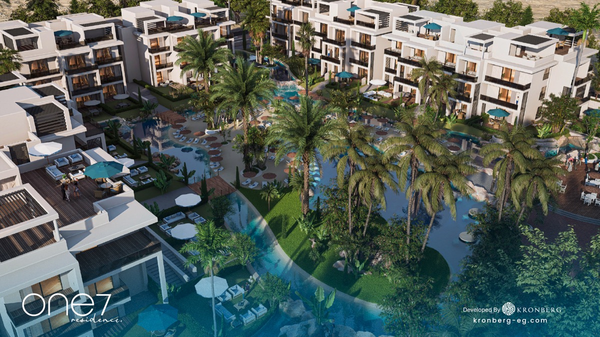 One7 apartments for sale – overhead view of palm islands and waterside apartments, developer rendering