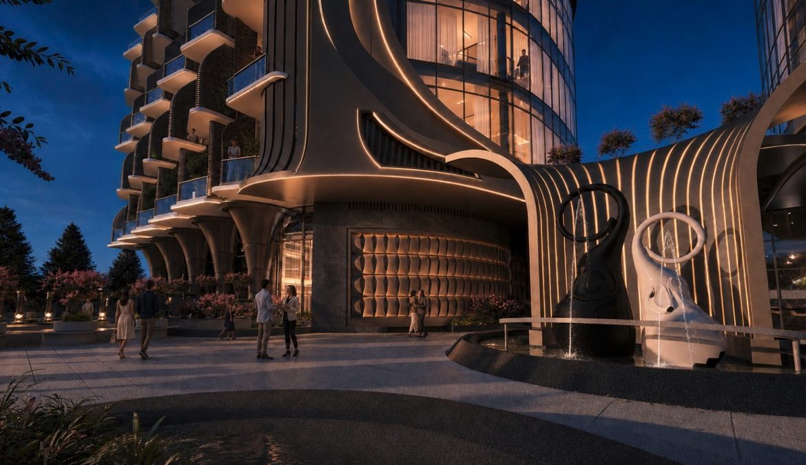 Marvento Resort Hurghada – illuminated entrance and curved architectural details, developer render