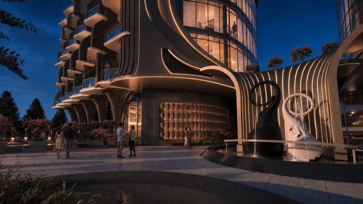 Marvento Resort Hurghada – illuminated entrance and curved architectural details, developer render
