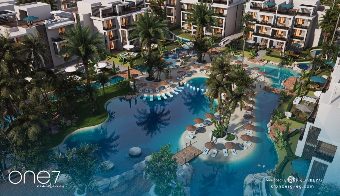 One7 Hurghada penthouse – landscaped lagoon and poolside paths, developer rendering