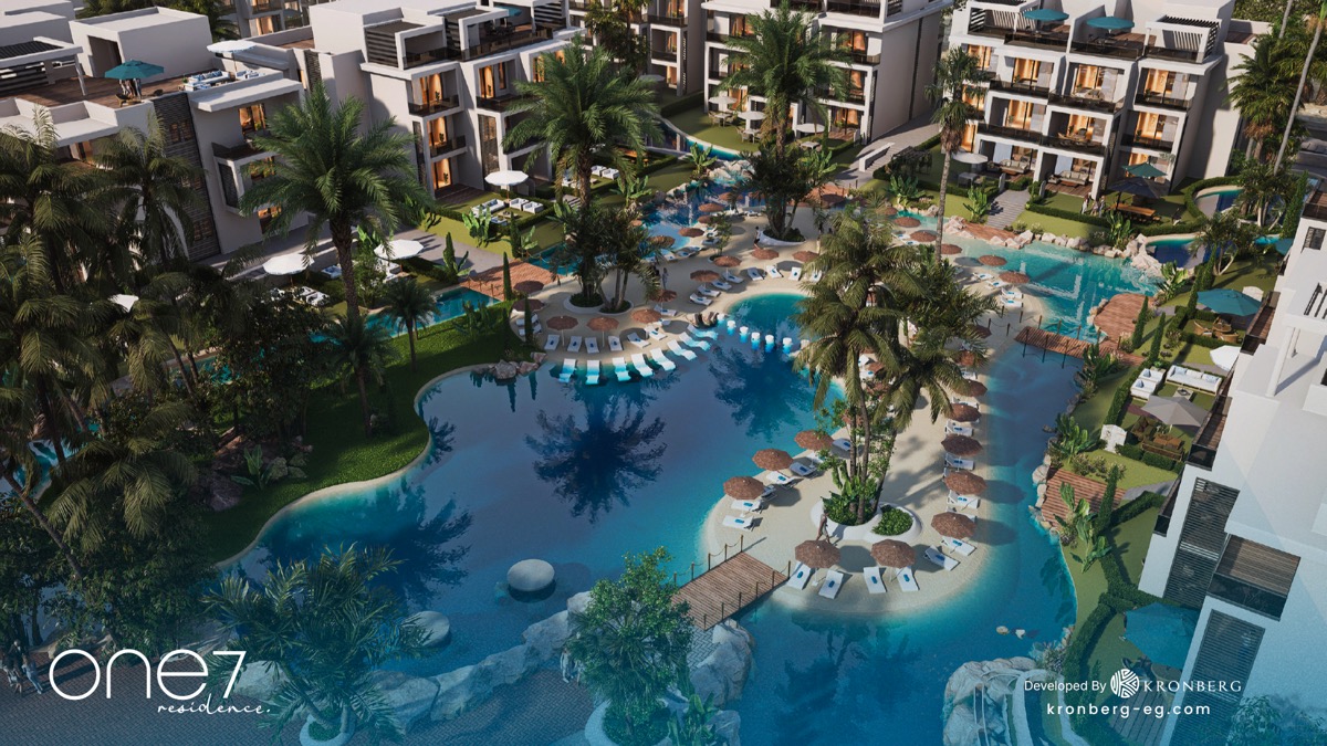 One7 Hurghada penthouse – landscaped lagoon and poolside paths, developer rendering