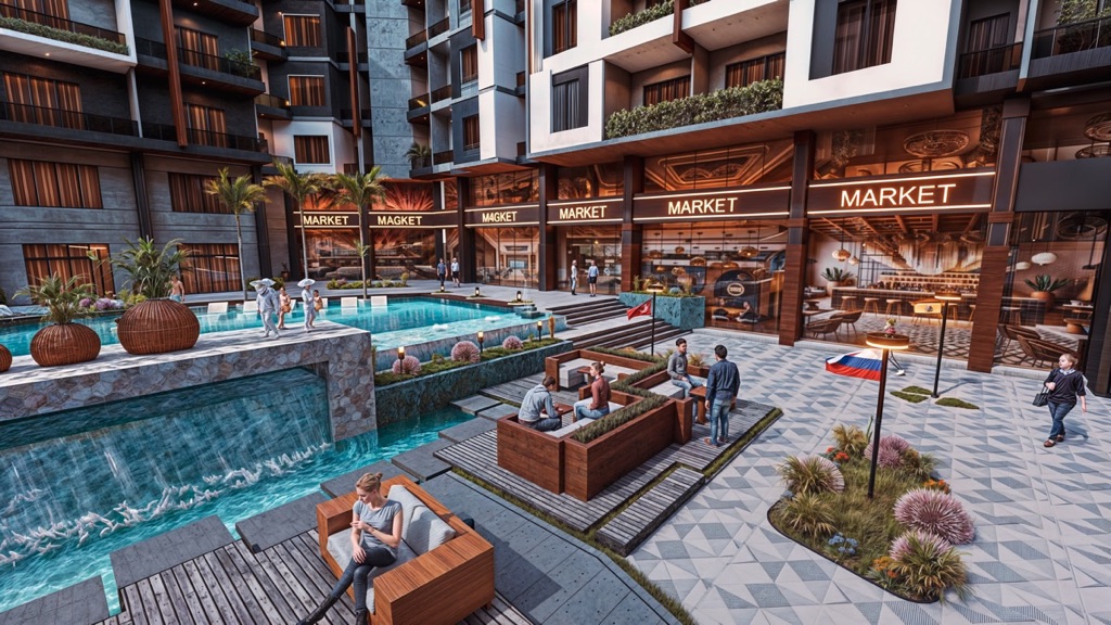 Iconic Resort Hurghada – poolside seating beside apartment buildings, developer render