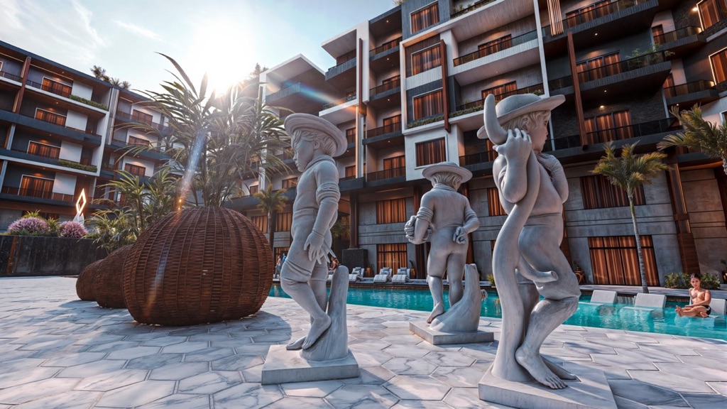 Iconic Resort Hurghada – sculptural landscaping beside the pool, developer render