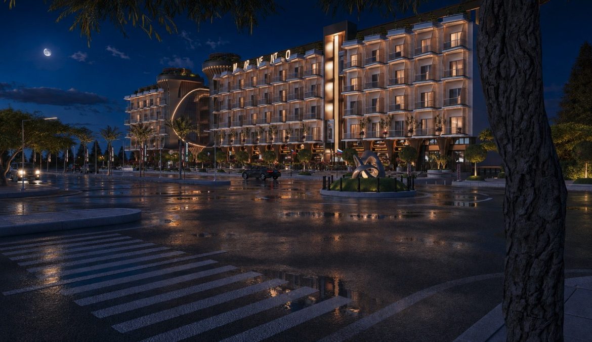 Marvento Resort Hurghada – wide evening view of the resort frontage, developer render