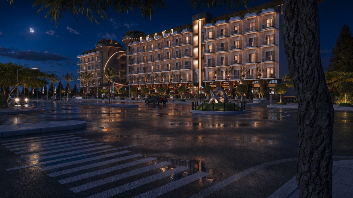 Marvento Resort Hurghada – Wide evening view of the resort frontage Marvento Resort Hurghada – wide evening view of the resort frontage, developer render