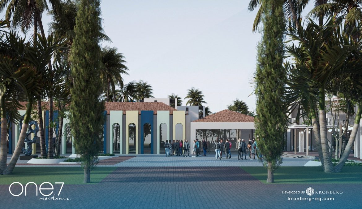 One7 apartments for sale – palm-lined entrance approach, developer rendering