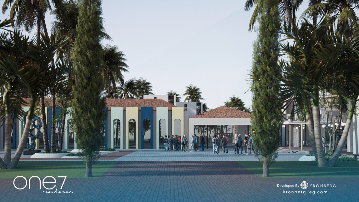 One7 apartments for sale – palm-lined entrance approach, developer rendering
