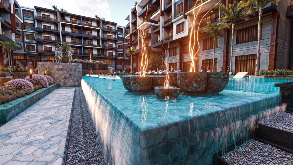 Iconic Resort Hurghada – pool and decorative courtyard sculpture, developer render