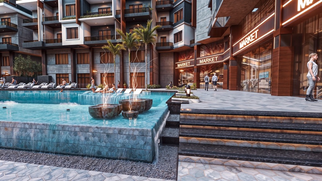 Iconic Resort Hurghada – poolside steps and commercial units, developer render