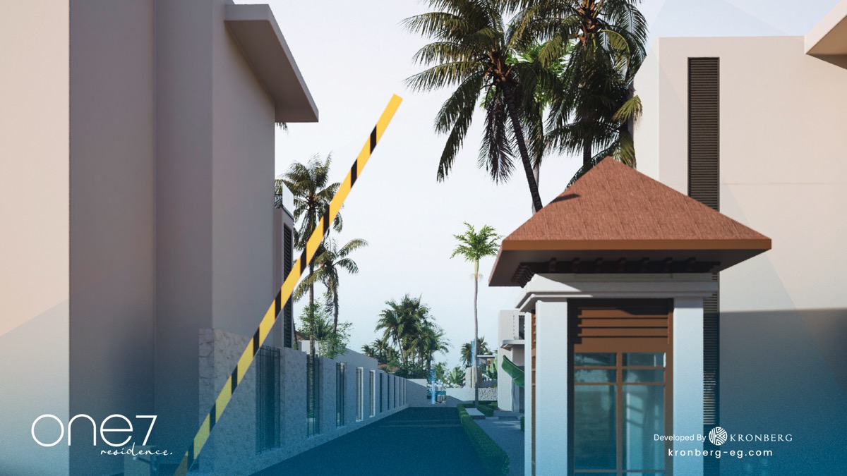 One7 Hurghada apartments – gatehouse with vehicle access barrier, developer rendering