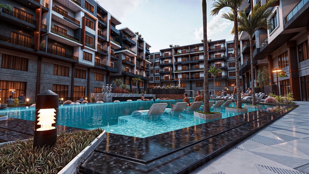 Iconic Resort Hurghada – pool walkway and water features, developer render