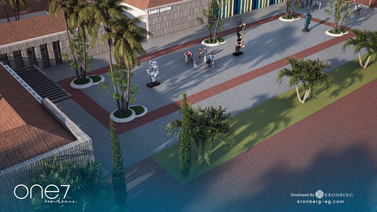 One7 apartments for sale – entrance road and palm-lined pedestrian route, developer rendering