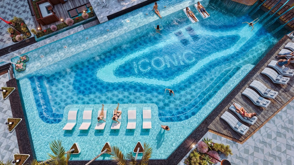 Iconic Resort Hurghada – overhead view of pool loungers and Iconic mosaic, developer render
