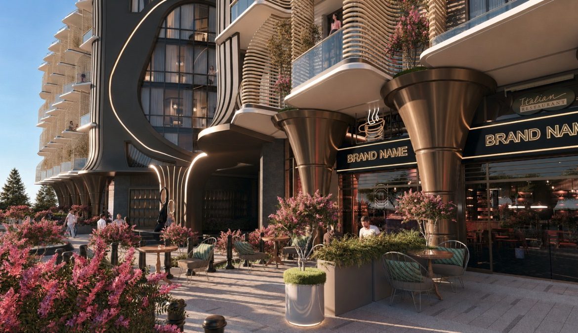 Marvento Resort Hurghada – shops and planted pavement outside the residences, developer render