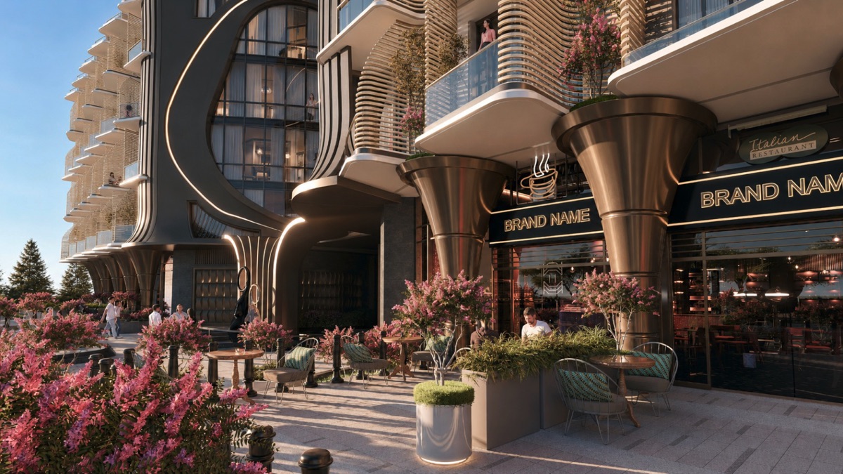 Marvento Resort Hurghada – shops and planted pavement outside the residences, developer render