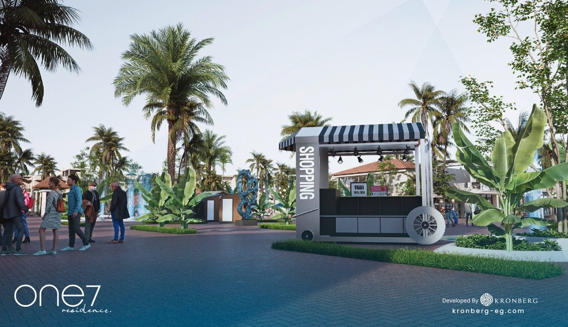 One7 Hurghada – pedestrian entrance with tropical landscaping, developer rendering