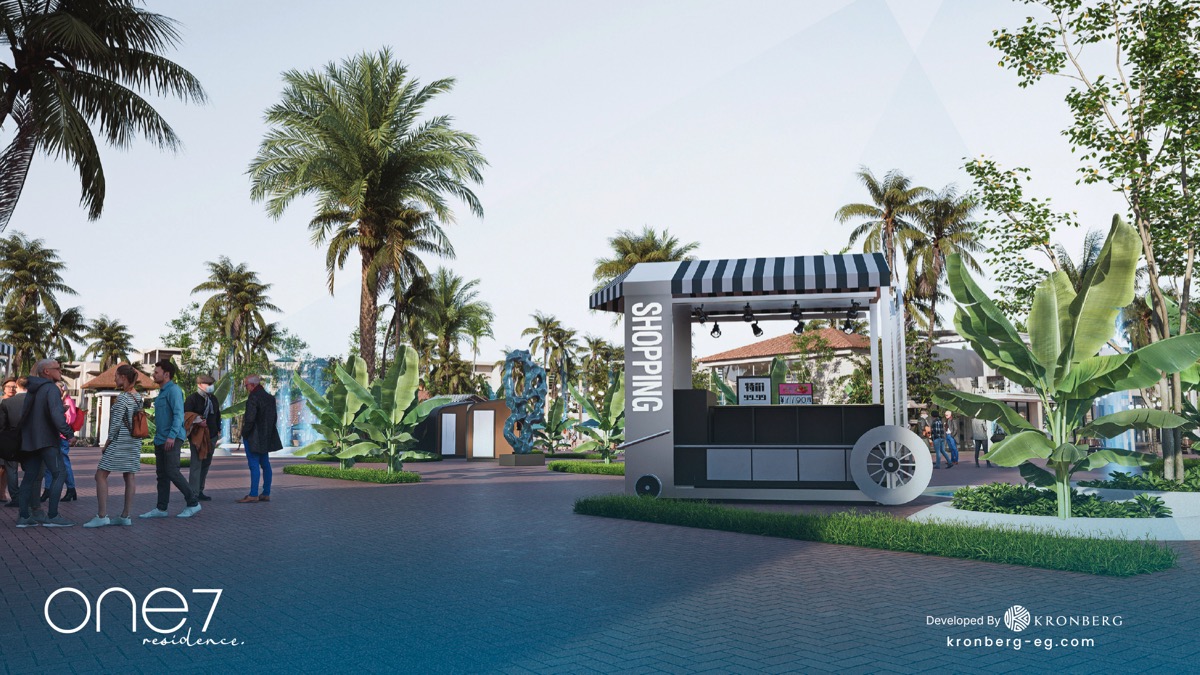 One7 Hurghada – pedestrian entrance with tropical landscaping, developer rendering