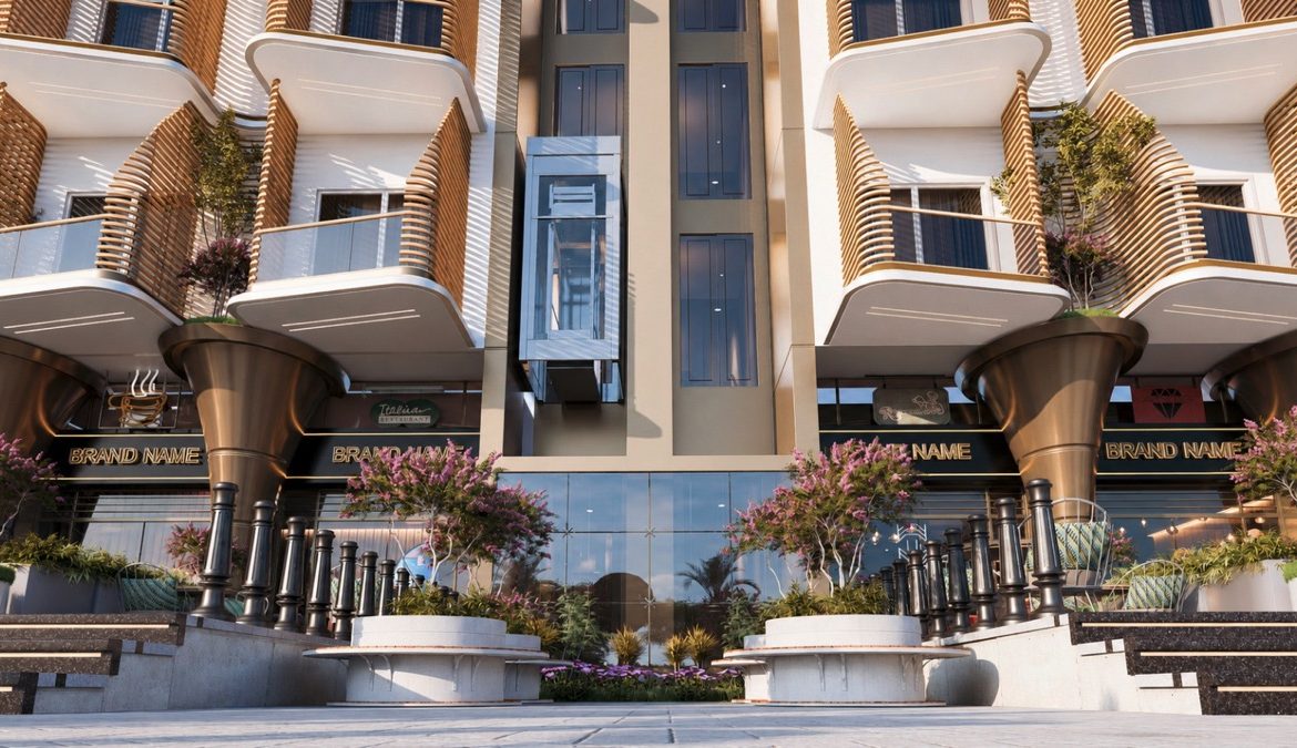 Marvento Resort Hurghada – main entrance with curved balconies in daylight, developer render