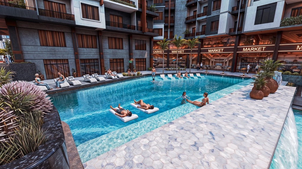 Iconic Resort Hurghada – poolside loungers and apartment façade, developer render