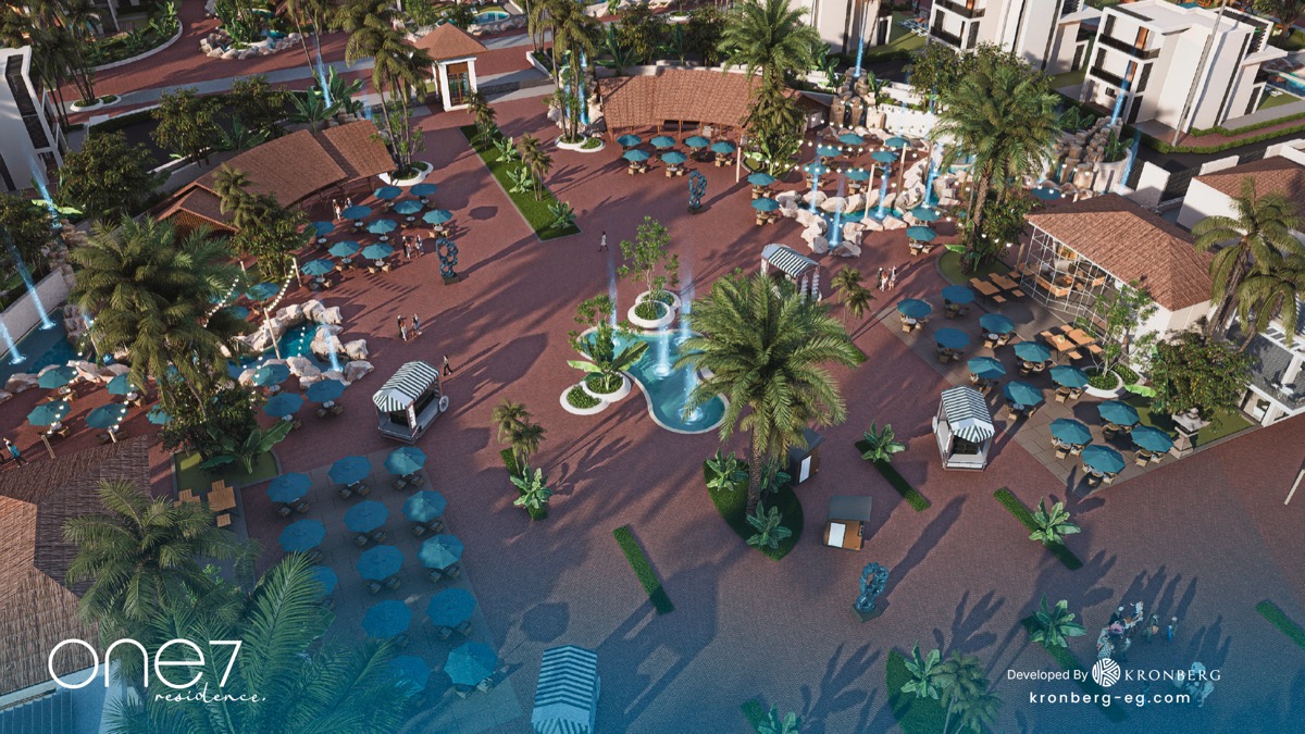 One7 Hurghada apartments – overhead view of the landscaped central promenade, developer rendering