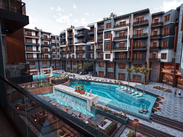 Iconic pool view apartment – main swimming pool between the apartment blocks, developer render