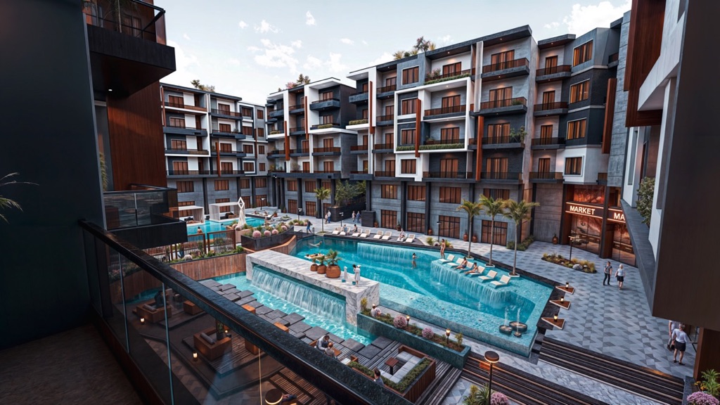 Iconic pool view apartment – main swimming pool between the apartment blocks, developer render