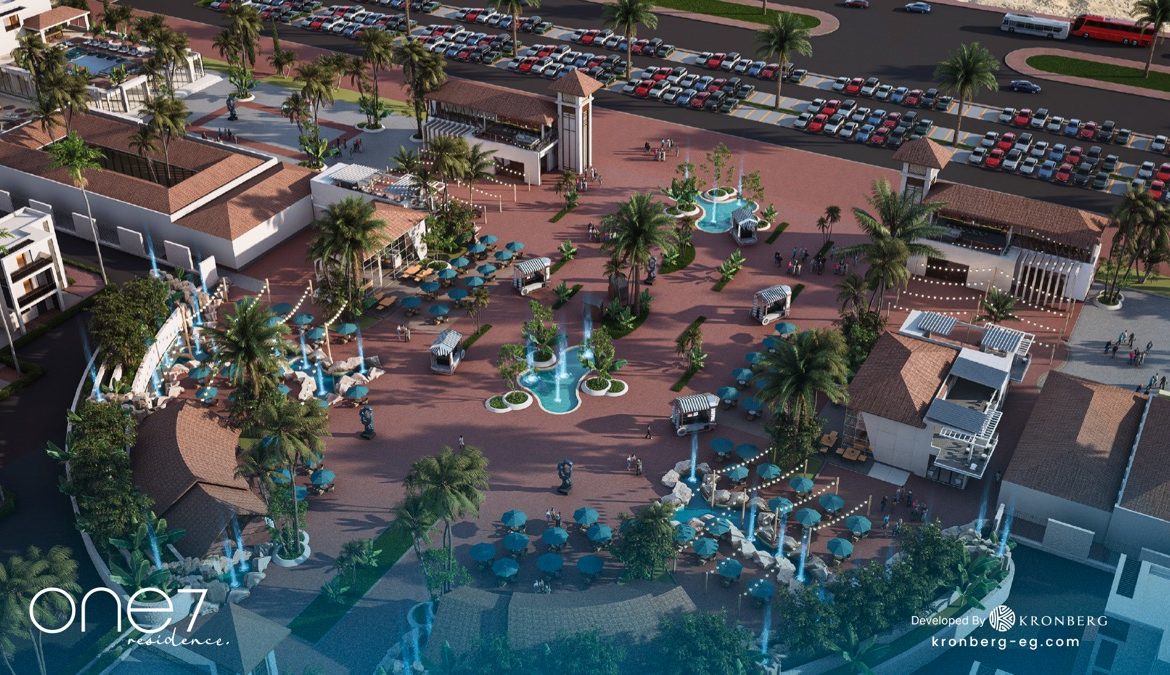 One7 apartments for sale – central plaza and surrounding apartment blocks, developer rendering