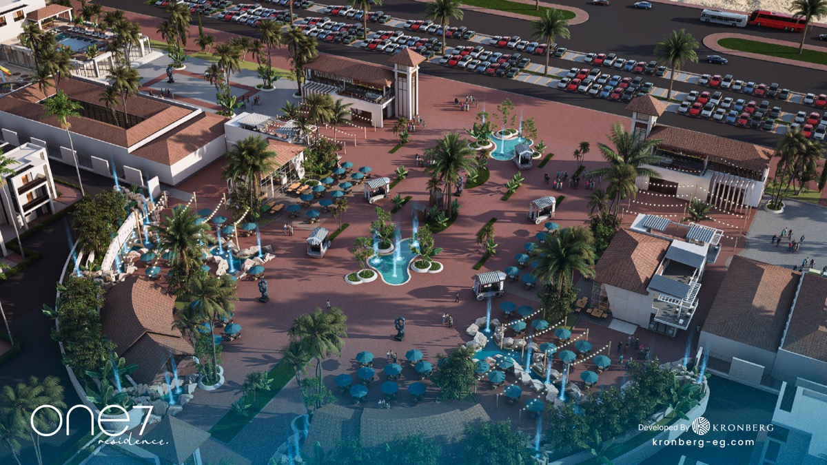 One7 apartments for sale – central plaza and surrounding apartment blocks, developer rendering