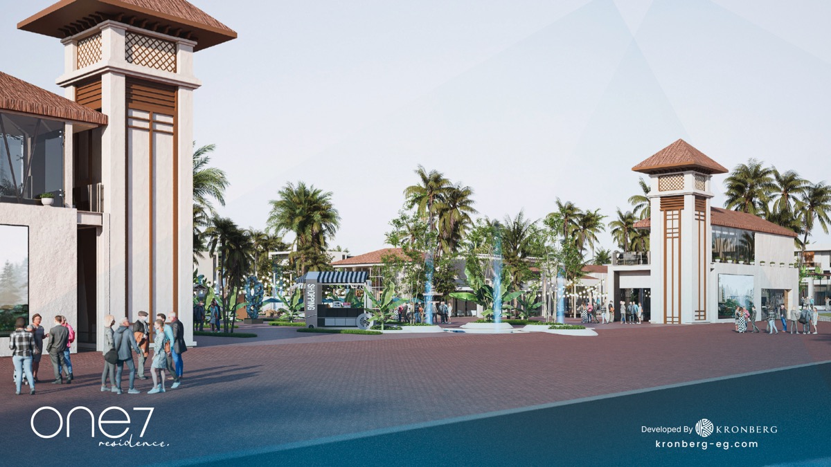 One7 Hurghada penthouse – main entrance gateway with decorative towers, developer rendering