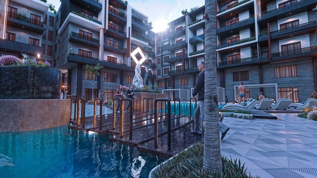 Iconic Resort Hurghada – poolside walkway and sculptural landscaping, developer render