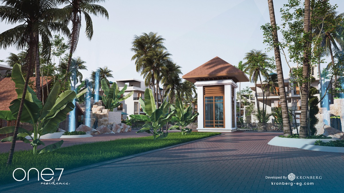 One7 Hurghada – gatehouse framed by tropical planting, developer rendering
