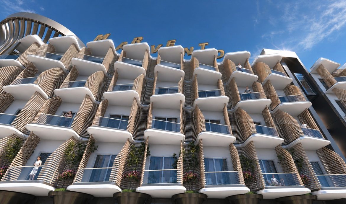 Marvento Resort Hurghada – upward view of sculpted apartment balconies, developer render