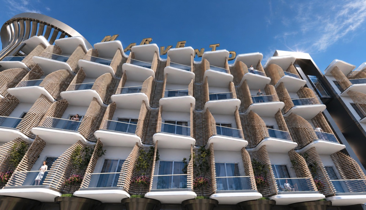 Marvento Resort Hurghada – upward view of sculpted apartment balconies, developer render