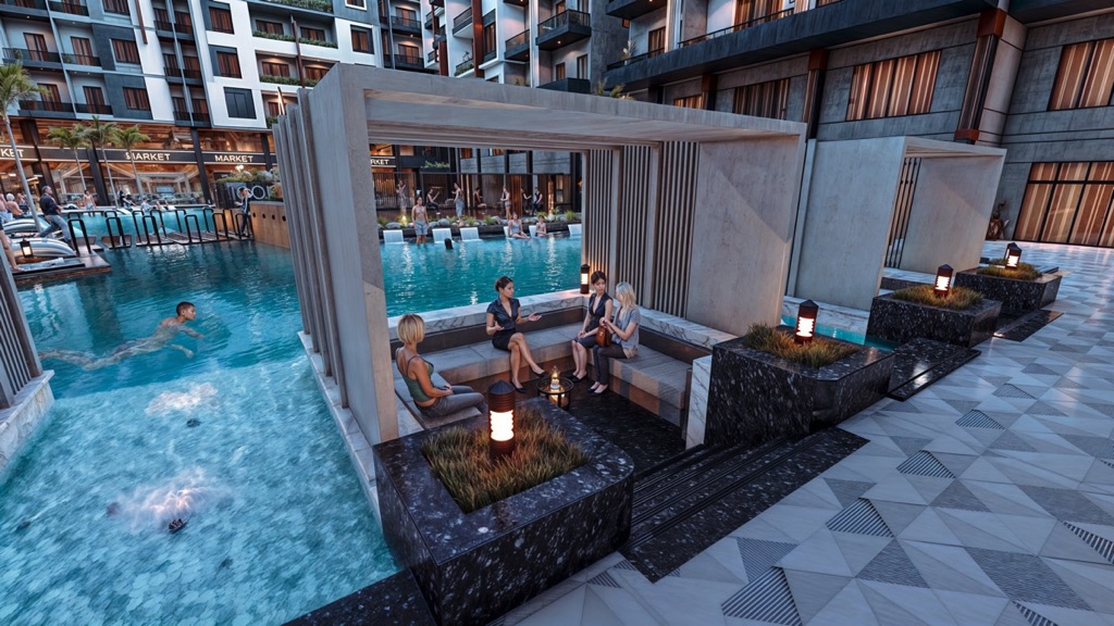 Iconic Resort Hurghada – poolside cabana and water feature, developer render