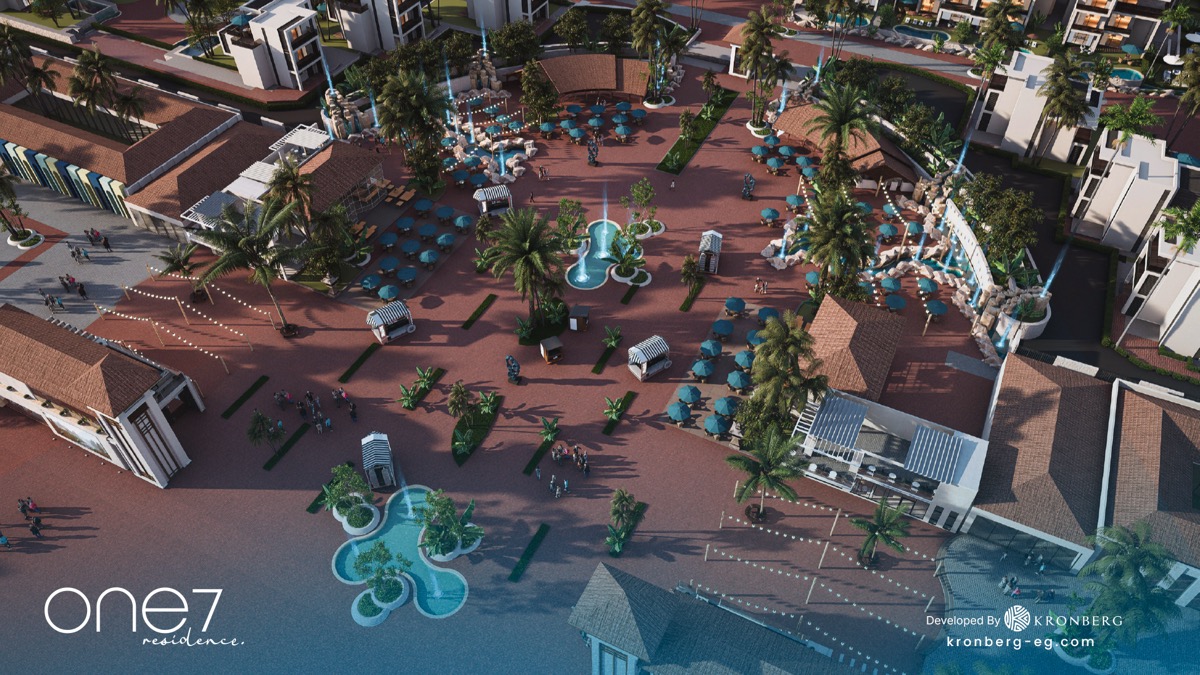 One7 Hurghada apartments – central plaza with planting and seating areas, developer rendering