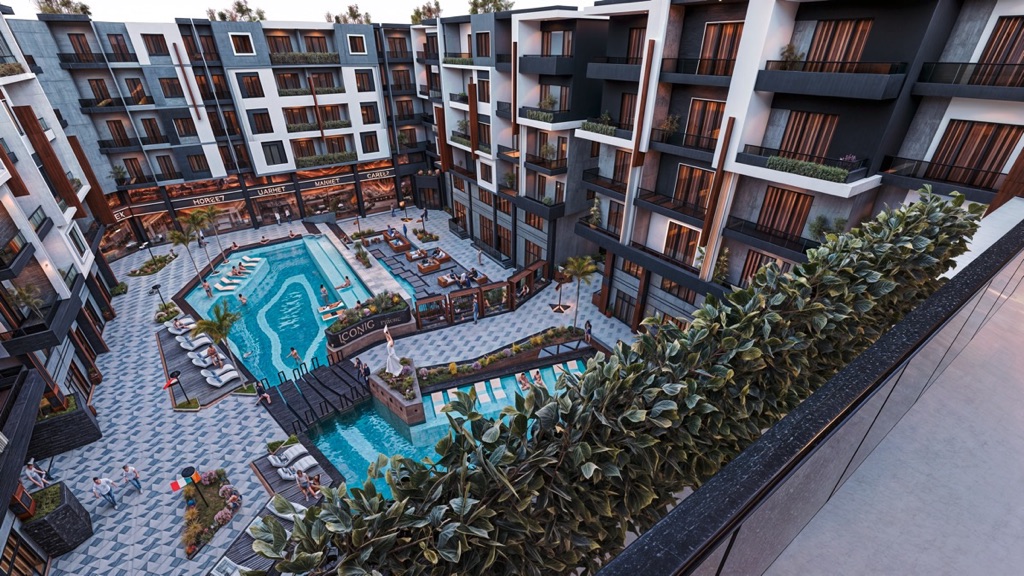 Iconic Resort Hurghada – aerial pool courtyard view, developer render