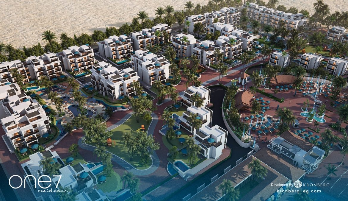 One7 apartments for sale – wide aerial overview of the residential masterplan, developer rendering