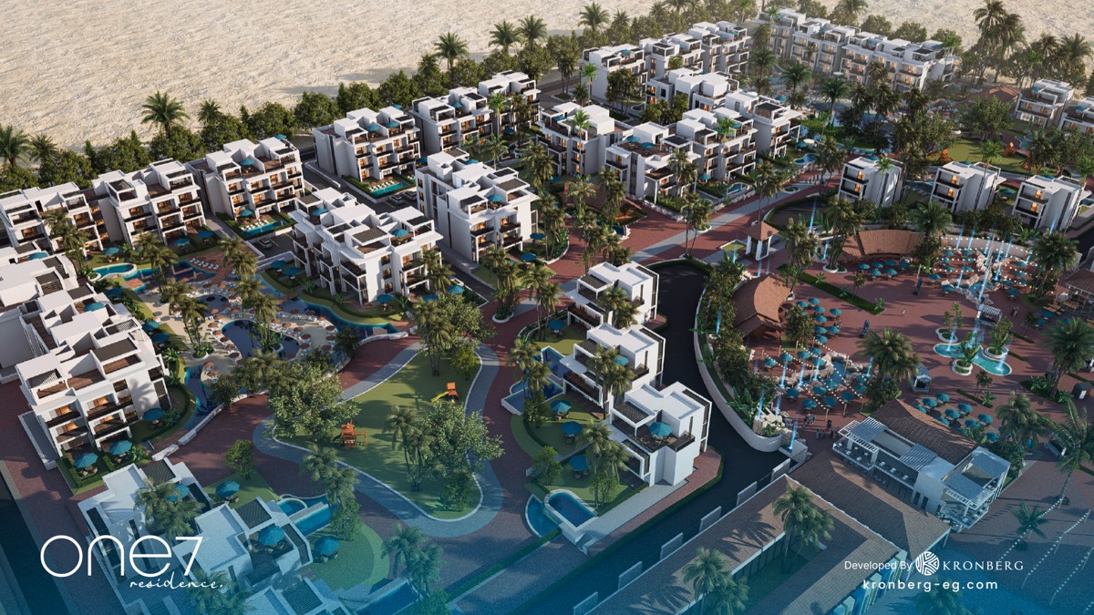 One7 apartments for sale – wide aerial overview of the residential masterplan, developer rendering