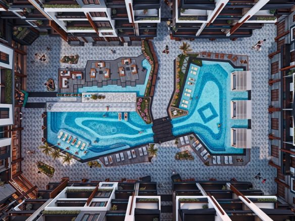 Iconic two bedroom apartment – overhead view of the main pool courtyard, developer render