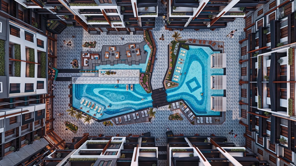Iconic two bedroom apartment – overhead view of the main pool courtyard, developer render