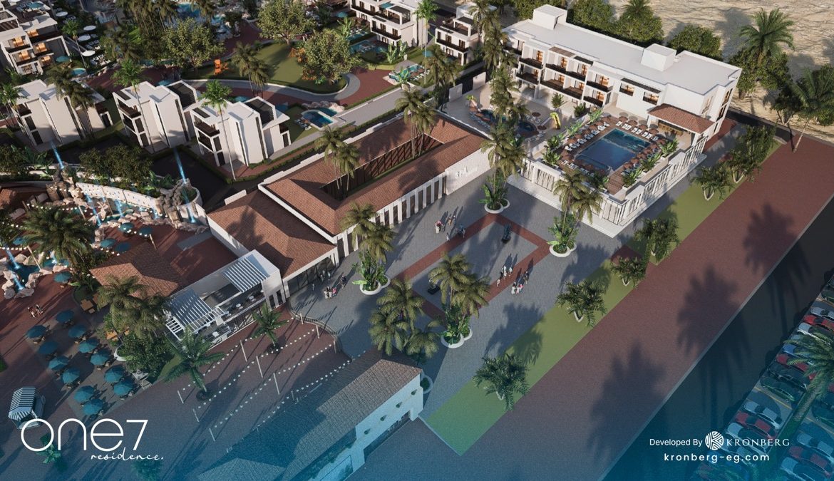 One7 Hurghada penthouse – aerial view of the entrance frontage and access road, developer rendering