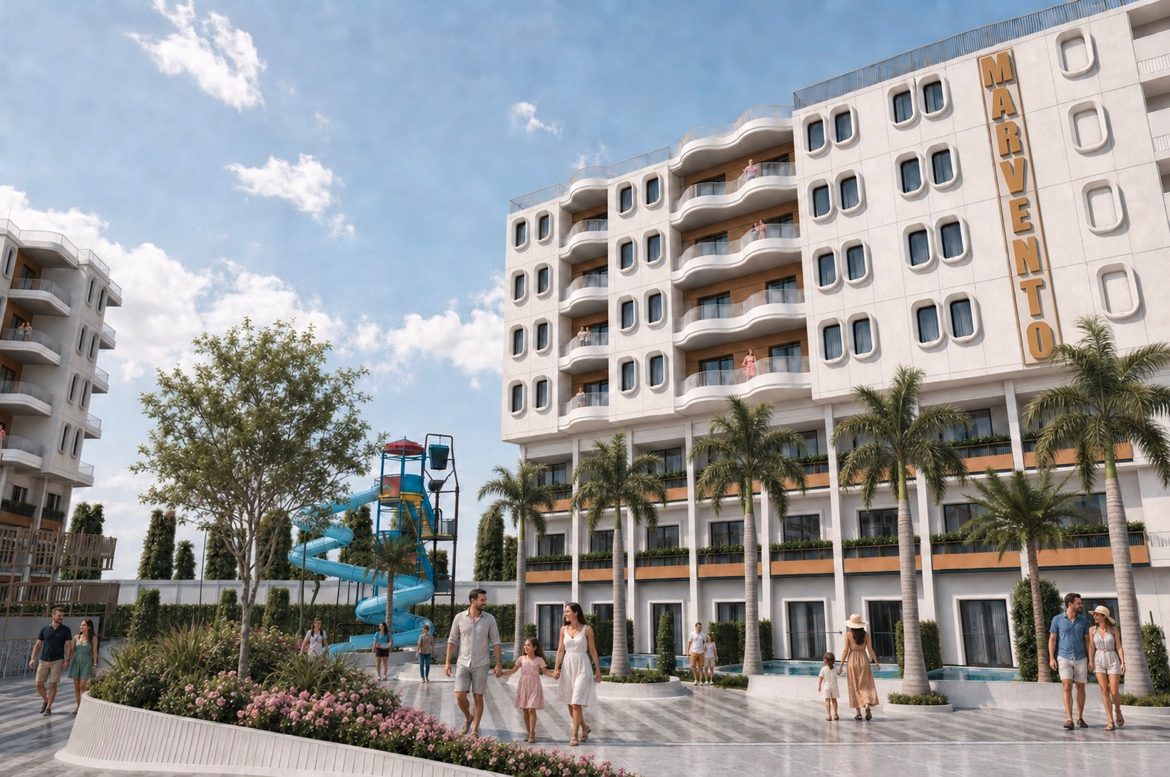 Marvento Resort Hurghada – courtyard façade, palm trees and landscaping, developer render