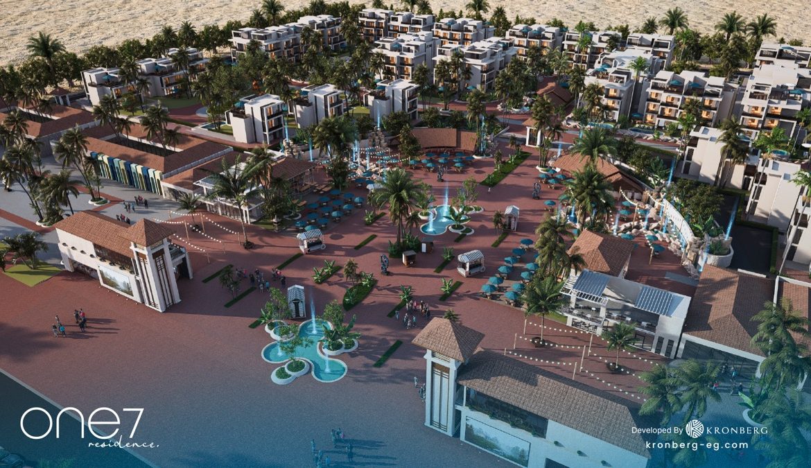 One7 Hurghada – residential blocks surrounding the central promenade, developer rendering