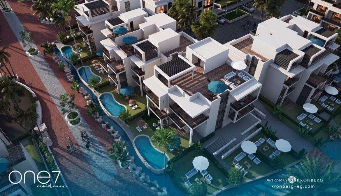 One7 Hurghada apartments – aerial view of rooftop terraces and ground-floor gardens, developer rendering